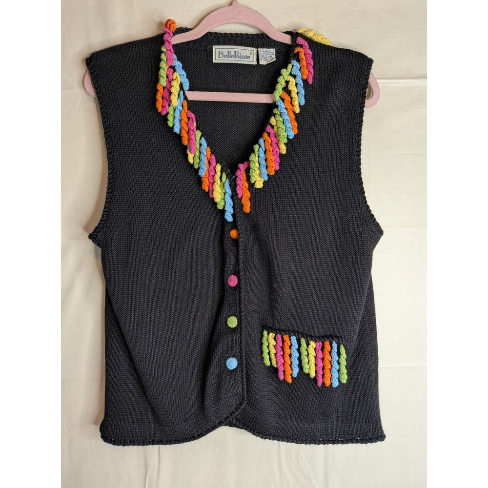 Vtg Colorful Knit Sweater Vest Granny Cardigan Rainbow Corkscrew Fringe Large